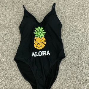 Black “aloha” one piece swimsuit